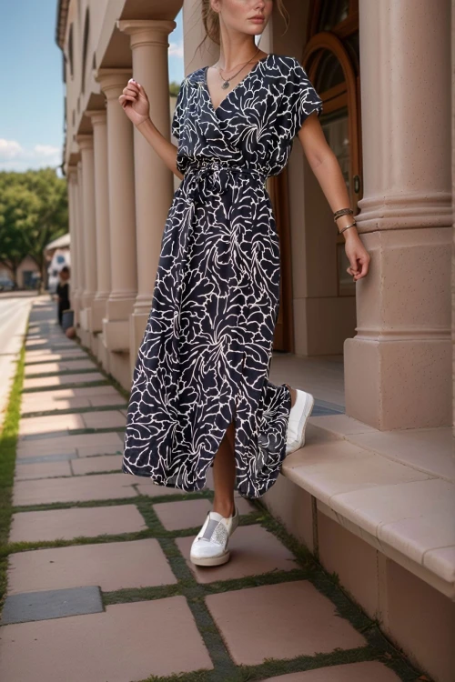 Siyah Beyaz Kruvaze Beli Lastikli Önden Yırtmaçlı Uzun Kiloş Elbise BCBSK-25700-3412