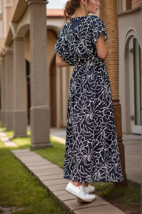 Siyah Beyaz Kruvaze Beli Lastikli Önden Yırtmaçlı Uzun Kiloş Elbise BCBSK-25700-3412