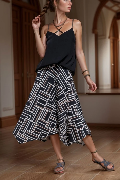 Siyah Beyaz Pembe Desenli Asimetrik Kesim Kiloş Etek BCBSK-25700-3242