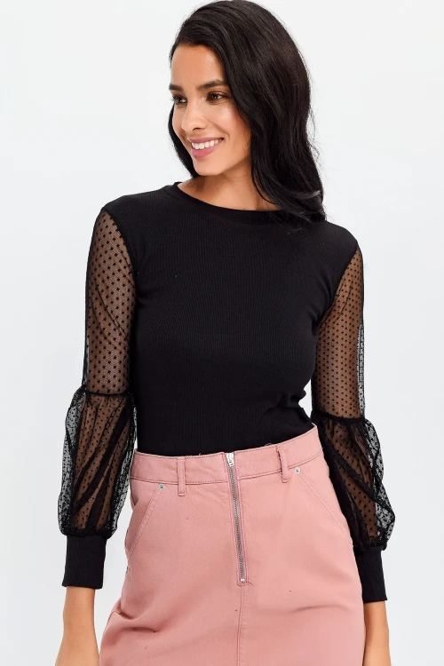 Siyah Bisiklet Yaka Dantel Detaylı Bluz BCBSK-25700-T4006-1720