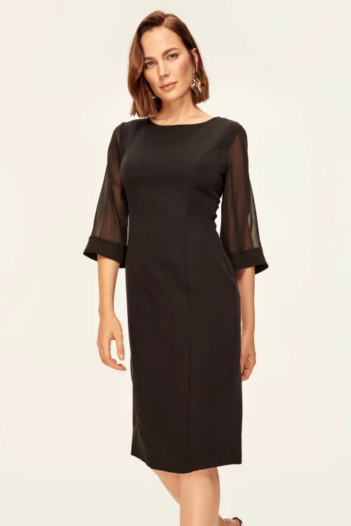 Siyah Bisiklet Yaka Kolları Tül Detaylı Midi Boy Elbise BCBSK-25700-T4006-1730