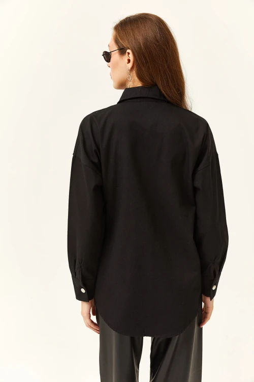 Siyah Cebi Taşlı Oversıze Gömlek BCBSK-25700-K7601