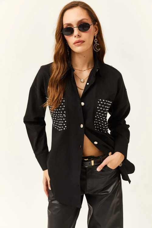 Siyah Cebi Taşlı Oversıze Gömlek BCBSK-25700-K7601