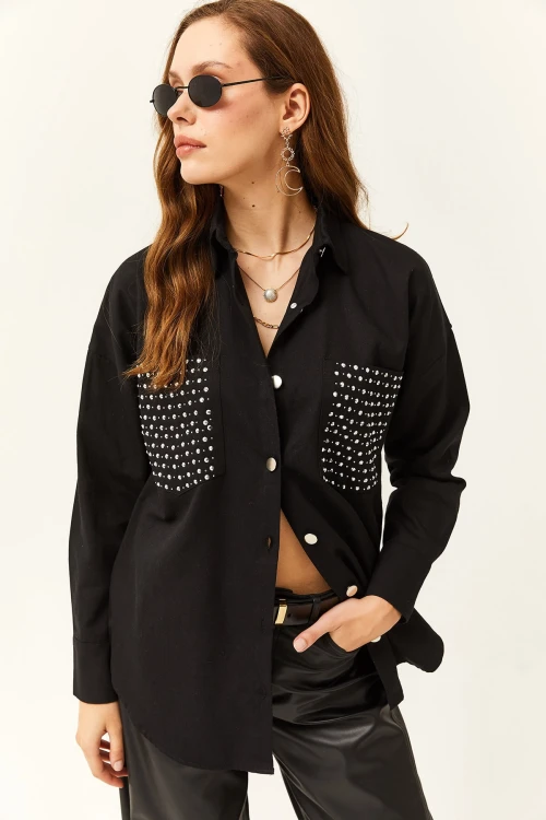 Siyah Cebi Taşlı Oversıze Gömlek BCBSK-25700-K7601