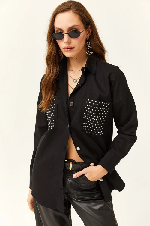 Siyah Cebi Taşlı Oversıze Gömlek BCBSK-25700-K7601