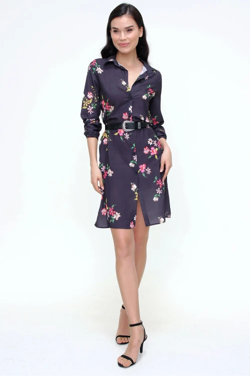 Siyah Çiçek Desenli Mini  Elbise BCBSK-25700-T4009-5180