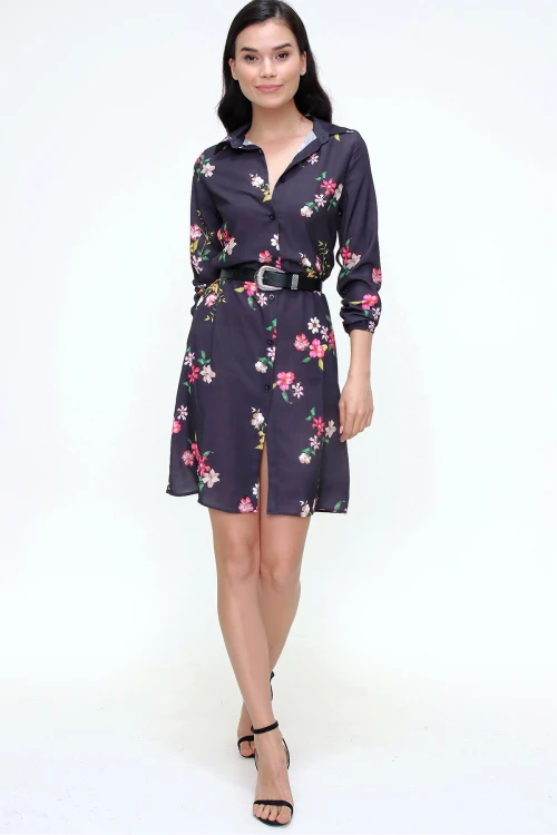 Siyah Çiçek Desenli Mini  Elbise BCBSK-25700-T4009-5180