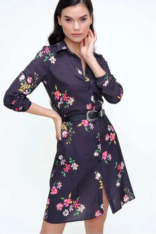 Siyah Çiçek Desenli Mini  Elbise BCBSK-25700-T4009-5180