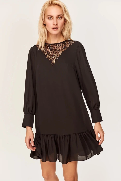 Siyah Dantel Detaylı Eteği Volanlı Elbise BCBSK-25700-T4006-1780