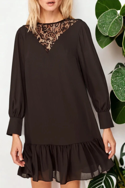 Siyah Dantel Detaylı Eteği Volanlı Elbise BCBSK-25700-T4006-1780