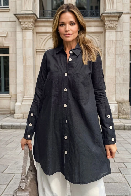 Siyah Düğme Detaylı Oversize Uzun Kollu Gömlek BCBSK-25700-3558