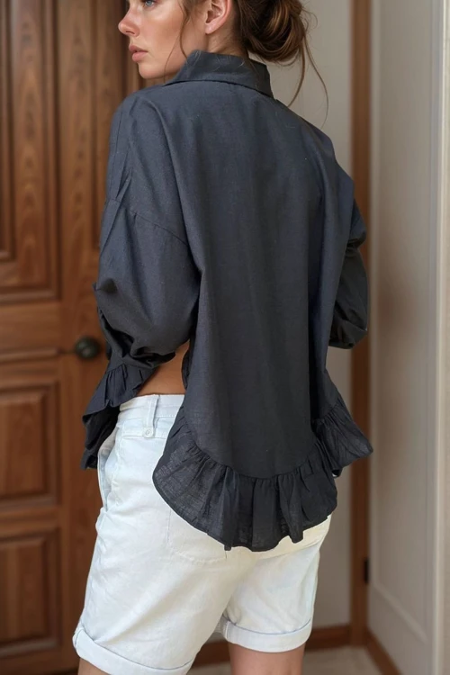 Siyah Eteği Fırfırlı Vual Salaş Gömlek BCBSK-25700-3570