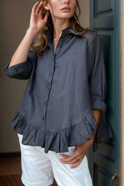 Siyah Eteği Fırfırlı Vual Salaş Gömlek BCBSK-25700-3570