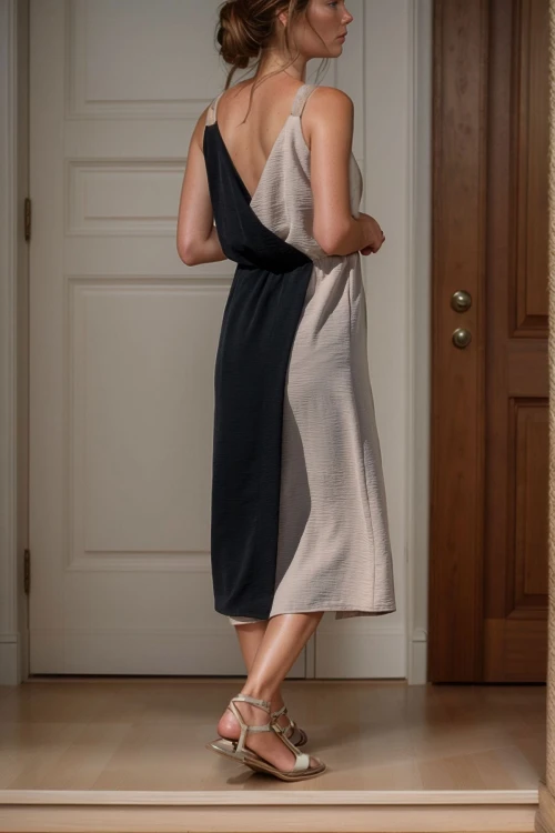 Siyah Hasır Askılı Kruvaze Color Block Airobin Elbise BCBSK-25700-2922