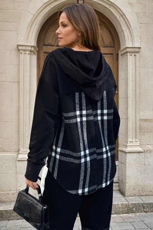 Siyah Kapüşonlu Desenli Garnili Salaş Sweatshirt BCBSK-25700-3565