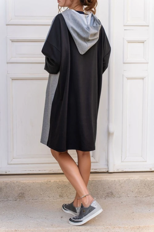 Siyah Kapüşonlu Kanguru Cep Çift Renk Salaş Sweat Elbise BCBSK-25700-3500