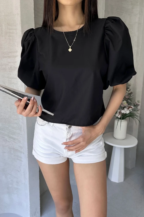 Siyah Karpuz Kol Sırtı Fiyonk Detaylı Poplin Bluz BCDF-252195