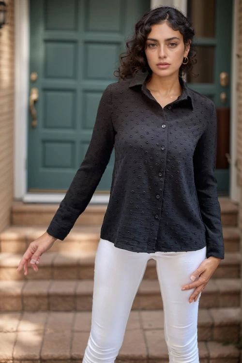 Siyah Kendinden Dokulu Yumuşak Dökümlü Salaş Gömlek BCBSK-25700-3621