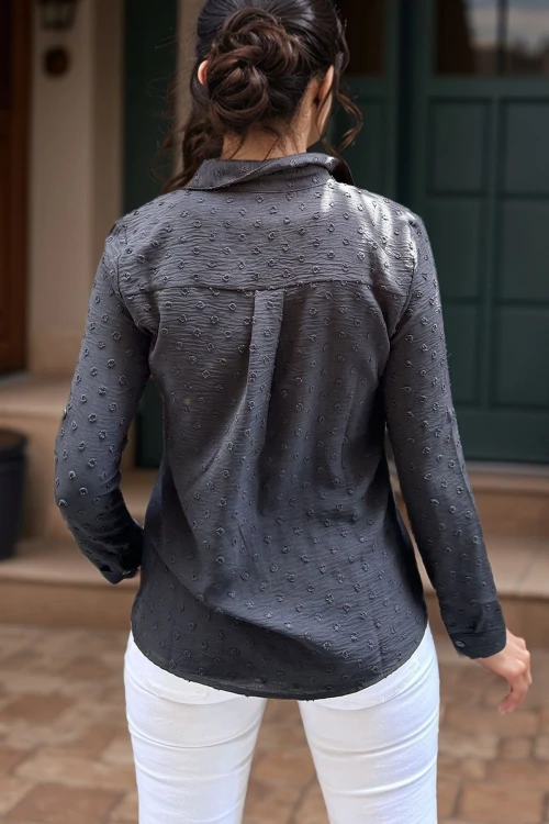 Siyah Kendinden Dokulu Yumuşak Dökümlü Salaş Gömlek BCBSK-25700-3621