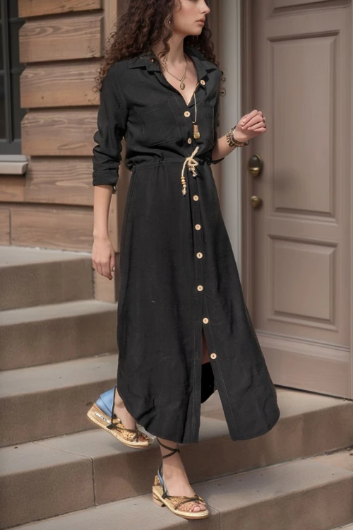 Siyah Keten Beli Büzgülü Hasır Kemerli Gömlek Elbise BCBSK-25700-2837