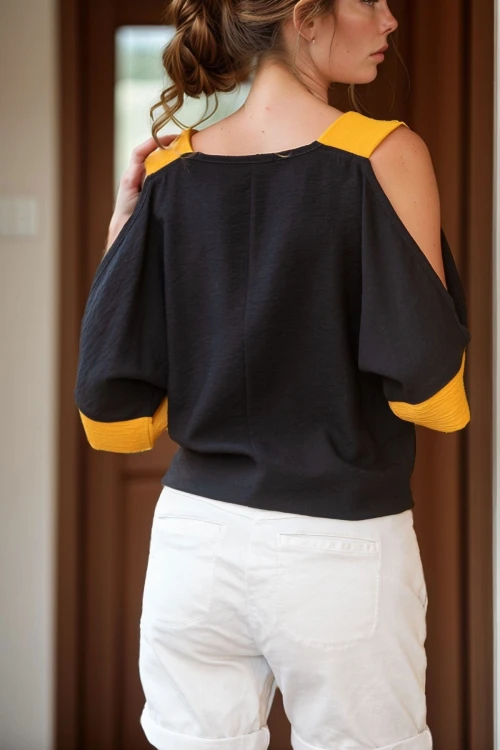 Siyah Keten Omuz Dekolteli Salaş Bluz BCBSK-25700-2923