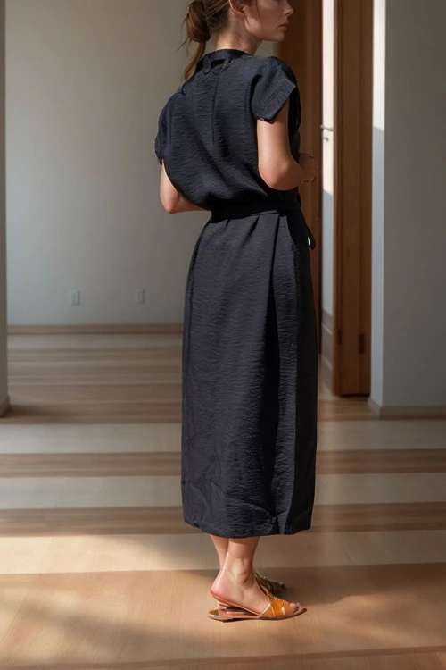 Siyah Keten Önden Yırtmaçlı Kendinden Kemerli Uzun Elbise BCBSK-25700-3221