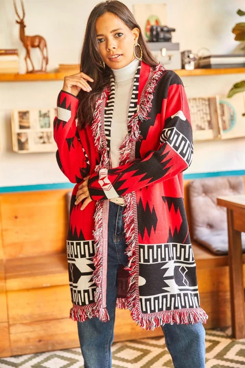 Siyah Kırmızı Püskül Detaylı Triko Hırka BCBSK-25700-K7506