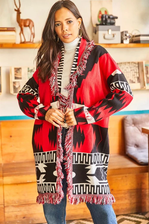 Siyah Kırmızı Püskül Detaylı Triko Hırka BCBSK-25700-K7506