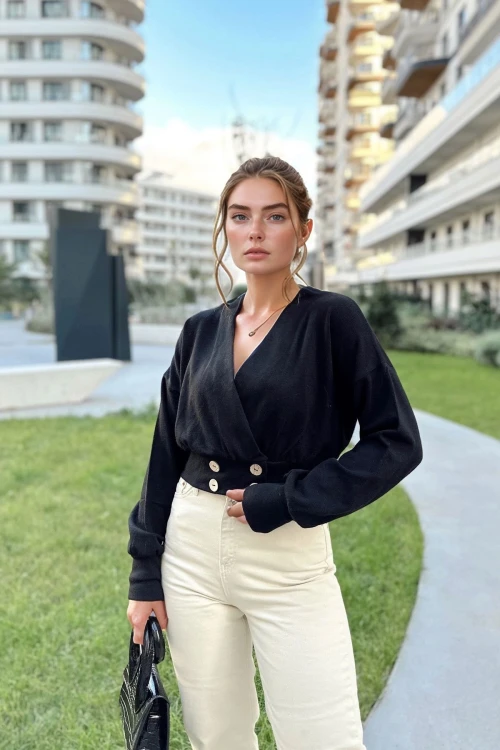 Siyah Kruvaze Düğme Detaylı Bluz BCBSK-25700-3489