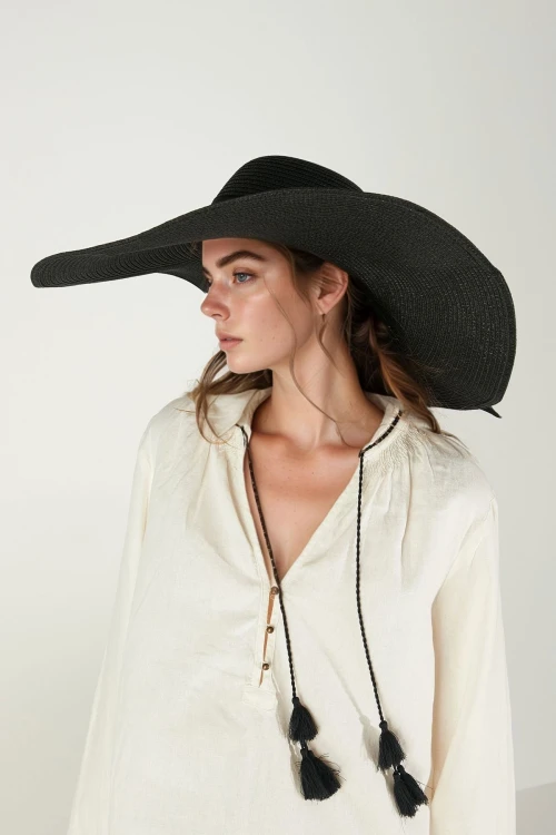 Siyah Kuşaklı Geniş Hasır Şapka BCNSV-2514573