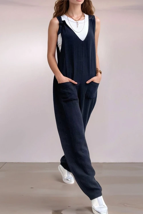 Siyah Müslin Askılı Cepli Düşük Ağlı Bol Paça Salaş Tulum BCBSK-25700-3613