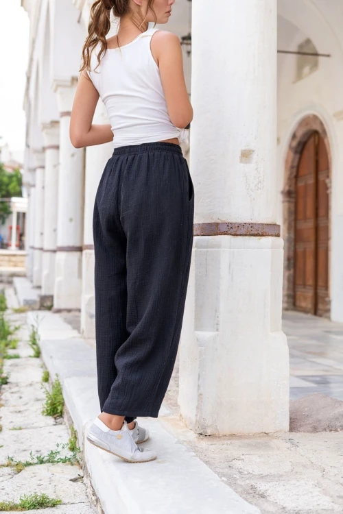 Siyah Müslin Beli Lastikli Cepli Salaş Pantolon BCBSK-25700-3416