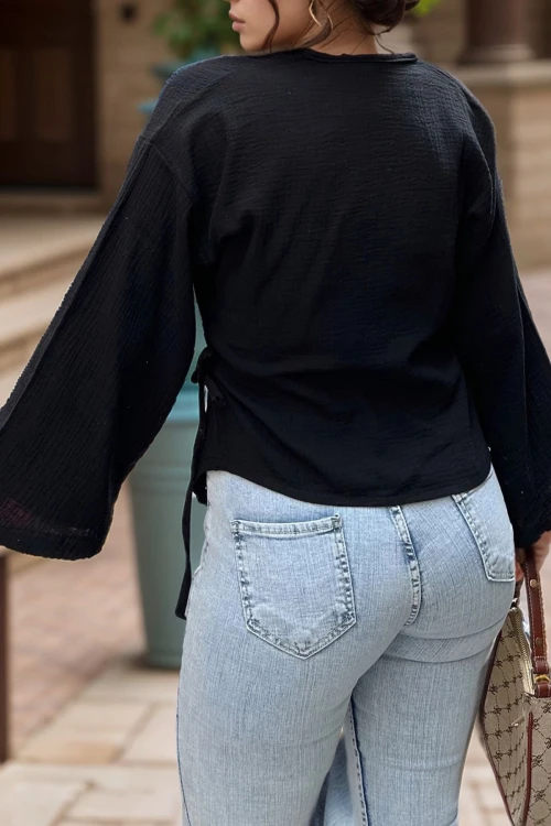 Siyah Müslin Kruvaze Bağlamalı Salaş Bluz BCBSK-25700-3610