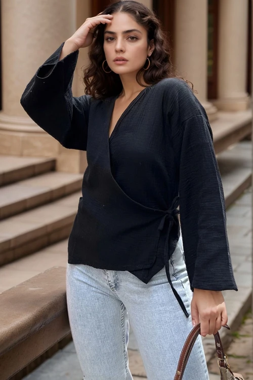 Siyah Müslin Kruvaze Bağlamalı Salaş Bluz BCBSK-25700-3610