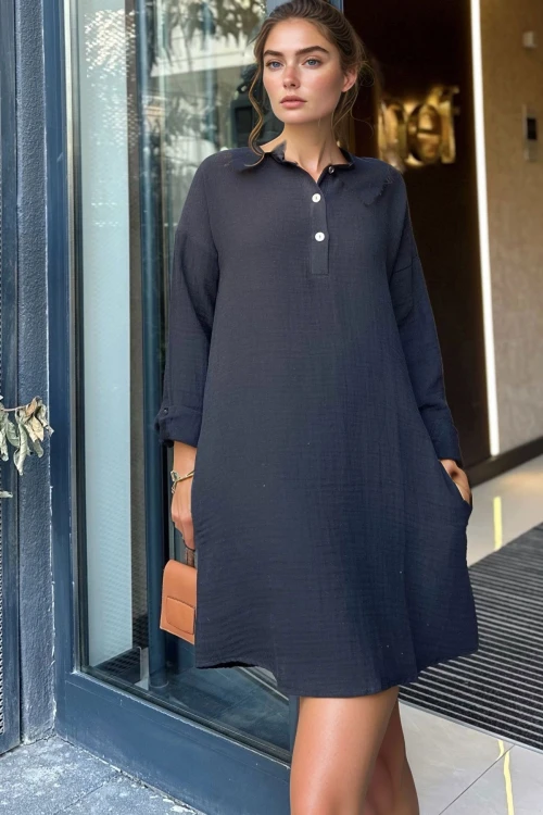 Siyah Oversize Mini Elbise BCBSK-25700-3520