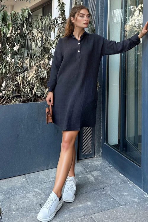 Siyah Oversize Mini Elbise BCBSK-25700-3520