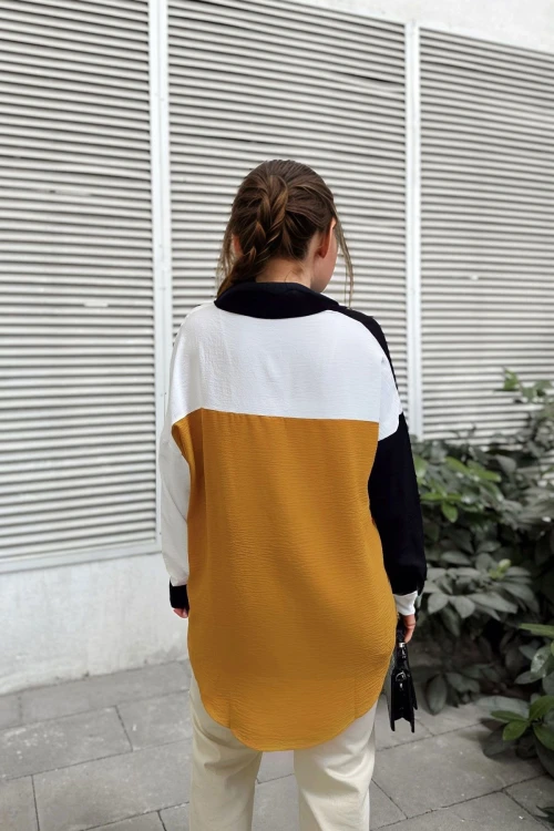 Siyah Sarı Tek Cep Color Block Salaş Gömlek BCBSK-25700-3071