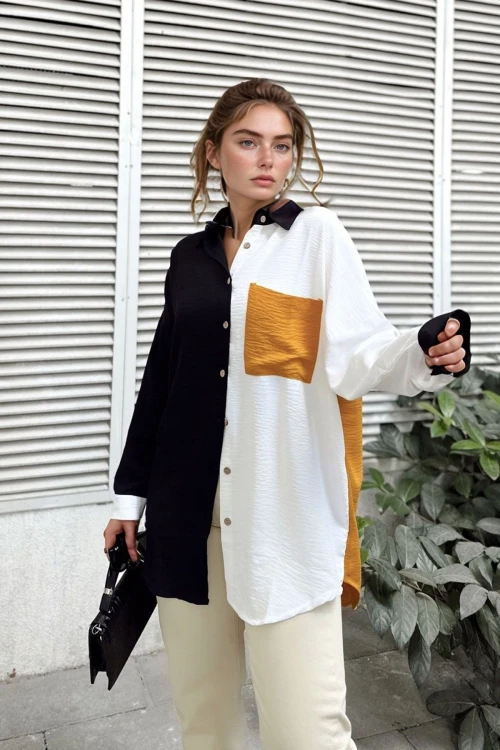 Siyah Sarı Tek Cep Color Block Salaş Gömlek BCBSK-25700-3071