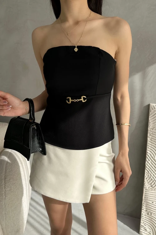 Siyah Straplez Fitted İnce Süs Kemer Detaylı Dokuma Bluz  BCDF-252189