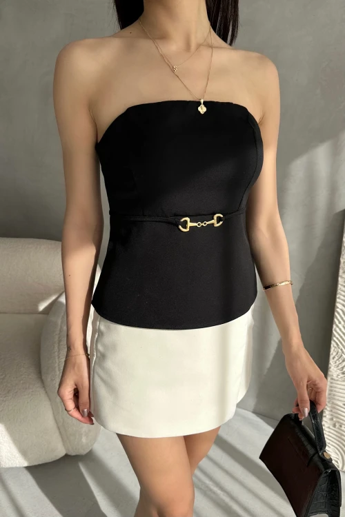 Siyah Straplez Fitted İnce Süs Kemer Detaylı Dokuma Bluz  BCDF-252189