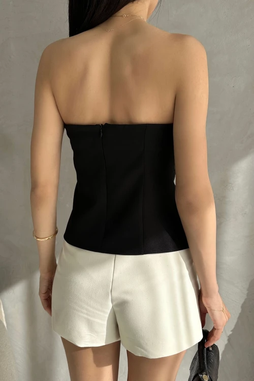 Siyah Straplez Fitted İnce Süs Kemer Detaylı Dokuma Bluz  BCDF-252189