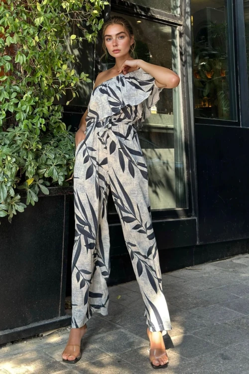 Siyah Tek Omuzlu Fırfırlı Cepli Beli Lastikli Kuşaklı Bol Paça Tulum BCBSK-25700-3648