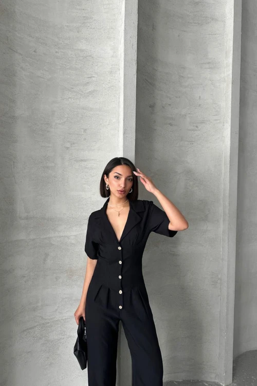 Siyah Yarım Kol Beli Korse Görünümlü Bol Kesim Dokuma Tulum BCHN-25255059