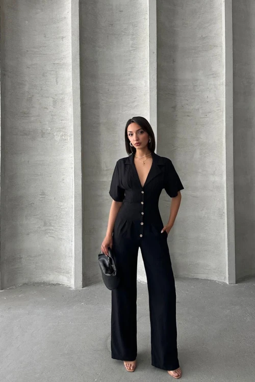 Siyah Yarım Kol Beli Korse Görünümlü Bol Kesim Dokuma Tulum BCHN-25255059