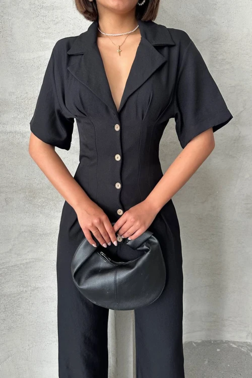 Siyah Yarım Kol Beli Korse Görünümlü Bol Kesim Dokuma Tulum BCHN-25255059