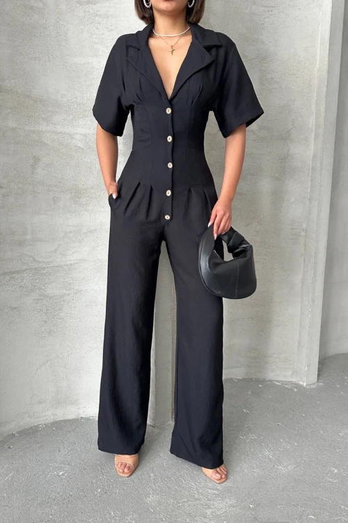 Siyah Yarım Kol Beli Korse Görünümlü Bol Kesim Dokuma Tulum BCHN-25255059