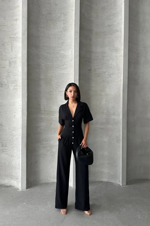 Siyah Yarım Kol Beli Korse Görünümlü Bol Kesim Dokuma Tulum BCHN-25255059