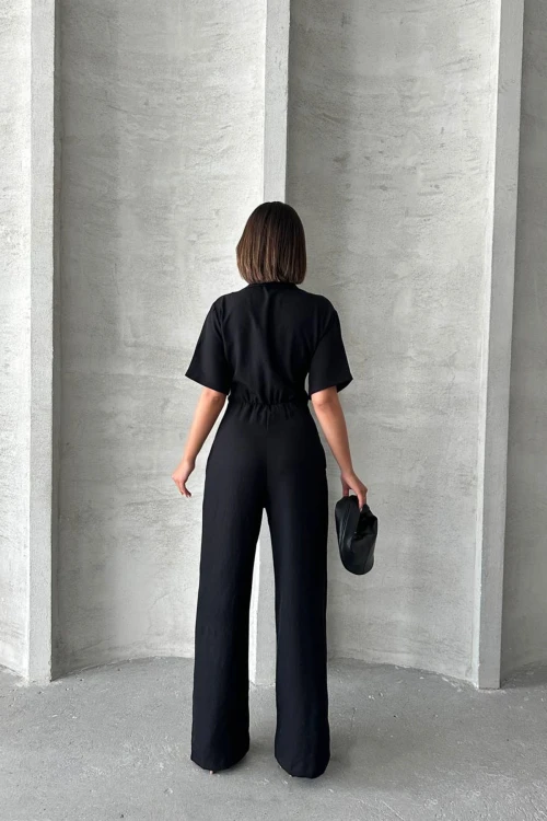 Siyah Yarım Kol Beli Korse Görünümlü Bol Kesim Dokuma Tulum BCHN-25255059