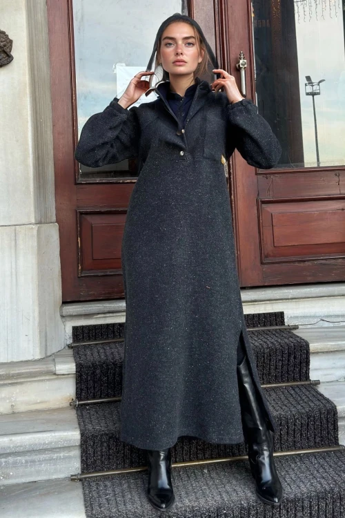 Siyah Yumuşak Dokulu Uzun Elbise BCBSK-25700-3689