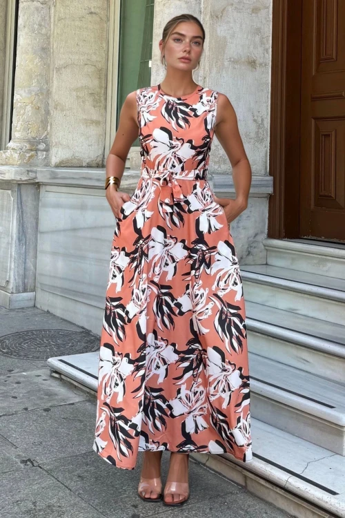 Somon Kolsuz Cepli Kemerli Kiloş Uzun Elbise BCBSK-25700-3637